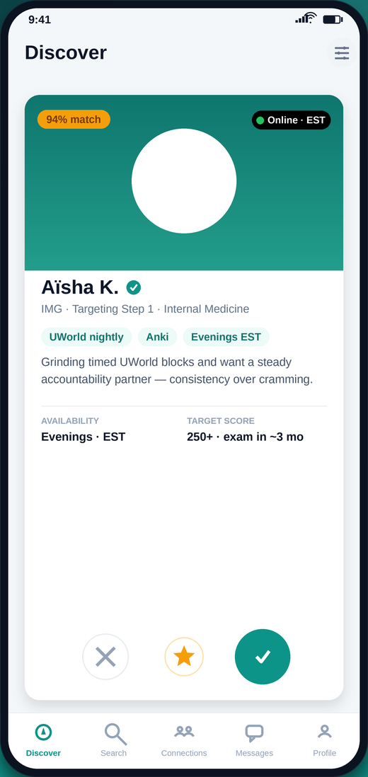 Discover screen with a ranked match, exam track, availability, and target score.