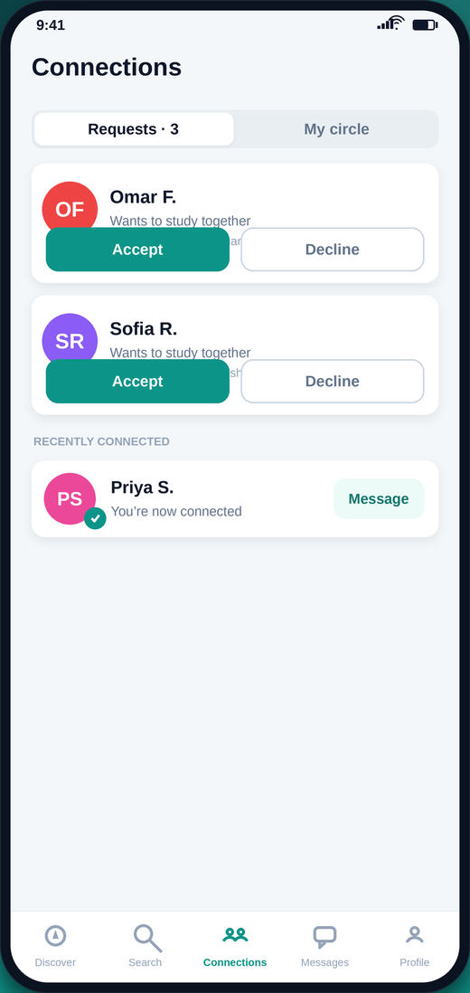 Connections screen showing incoming study partner requests to accept or decline.