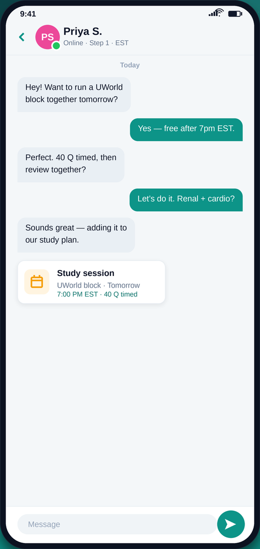 Chat thread where two students plan a timed UWorld block for tomorrow evening.